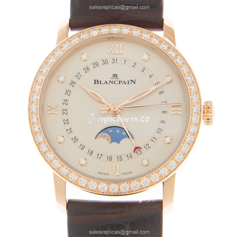 Blancpain Villeret Replica - Auto - 18kt Rose Gold & Diamond - Beige Dial - Brown Alligator Buckle - Luxury Replica VILLERET Watch