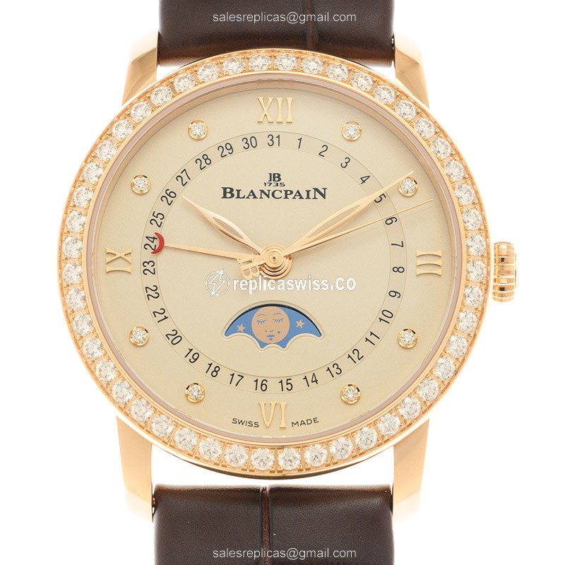 Blancpain Villeret Replica - Automatic - 18kt Rose Gold - Beige Dial - Brown Alligator Strap - Luxury Replica VILLERET Watch