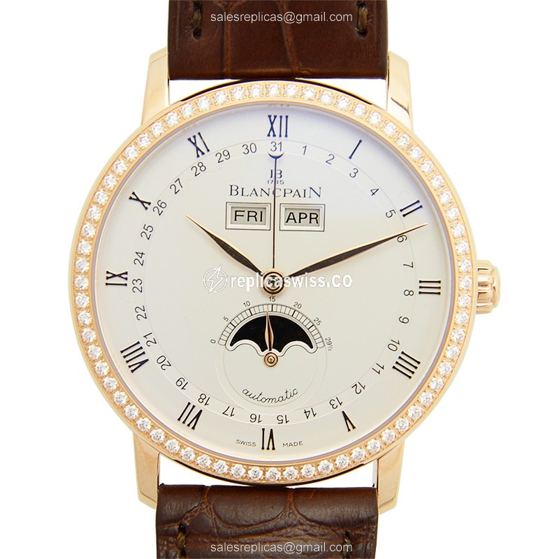 Blancpain Villeret 6263-2942-55B Replica - Automatic - 18kt Rose Gold - Diamond Bezel - White Dial - Luxury Replica VILLERET Watch