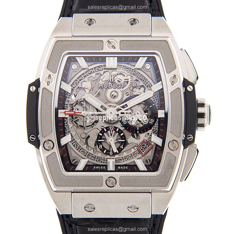 Hublot Big Bang Replica - Automatic - PVD Titanium - Silver Dial - Black Leather Strap