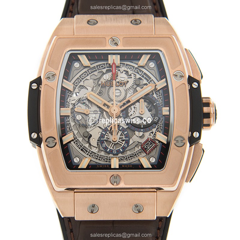 Hublot BIG BANG Replica - Automatic - 18kt Rose Gold - Silver Dial - Brown Leather Strap - Luxury Replica BIG BANG Watch