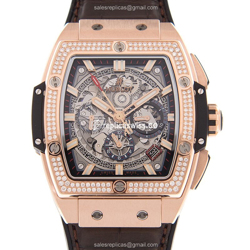 Hublot BIG BANG Replica - Automatic 18kt Rose Gold - Silver Dial - Brown Leather Strap