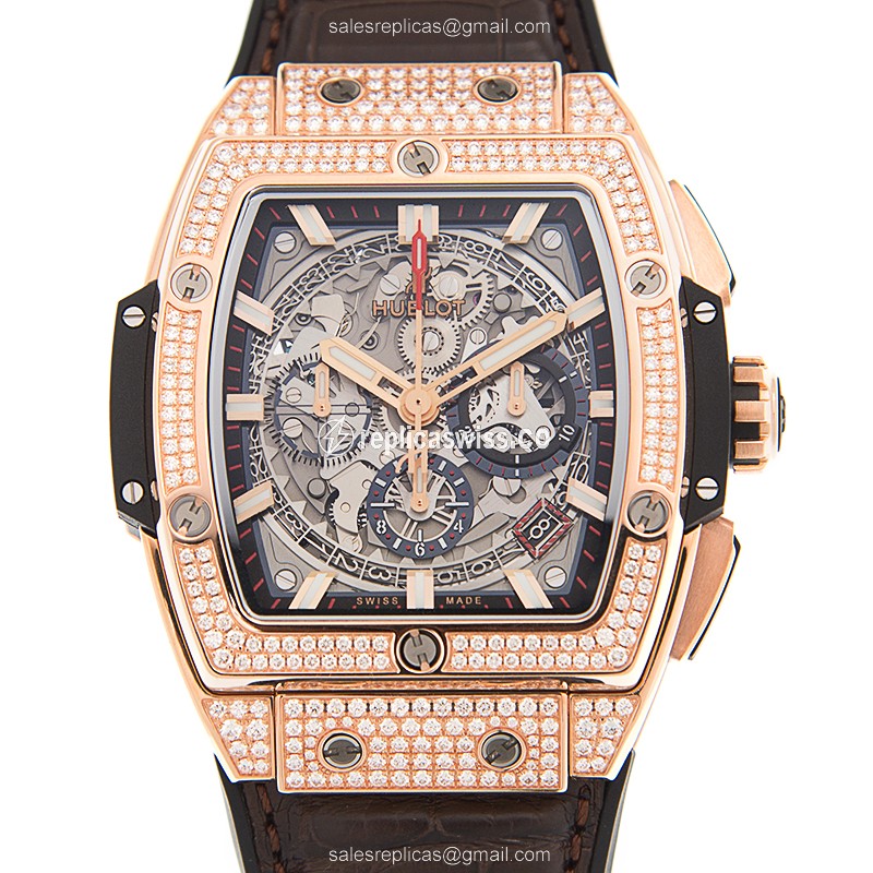 Hublot Spirit of Big Bang Replica - Automatic - 18kt Rose Gold - Diamond Case - Gray Dial - Black Rubber Strap