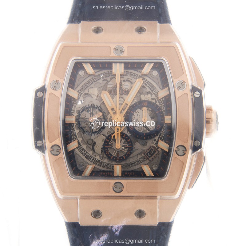 Hublot BIG BANG Replica - Auto 18kt Rose Gold - Silver Dial - Blue Alligator