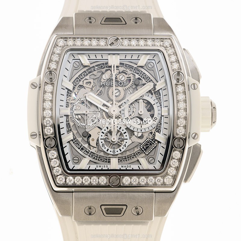 Hublot BIG BANG Replica - Automatic - Titanium - Diamond - Transparent - White Rubber Clasp