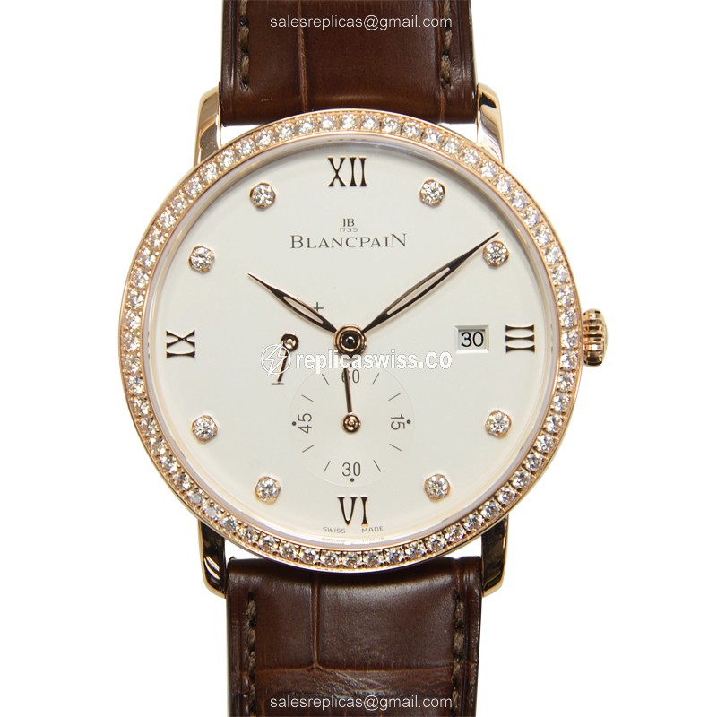 Blancpain Villeret Replica - Manual - 18kt Rose Gold - Diamonds - White Dial - Brown Alligator Strap - Luxury Blancpain Replica Watch