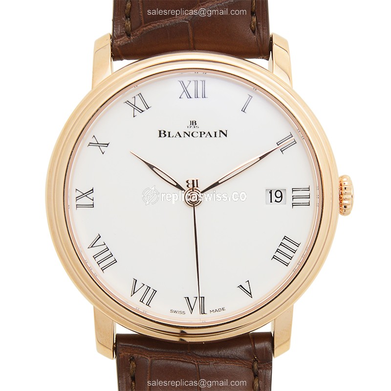 Blancpain VILLERET Replica - Auto - 18kt Rose Gold - White Dial - Brown Alligator Strap