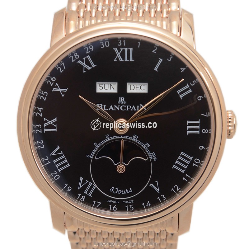 Blancpain Villeret 6639-3637-MMB - Auto 18kt Rose Gold - Black Dial - Gold Strap - Luxury Replica VILLERET Watch