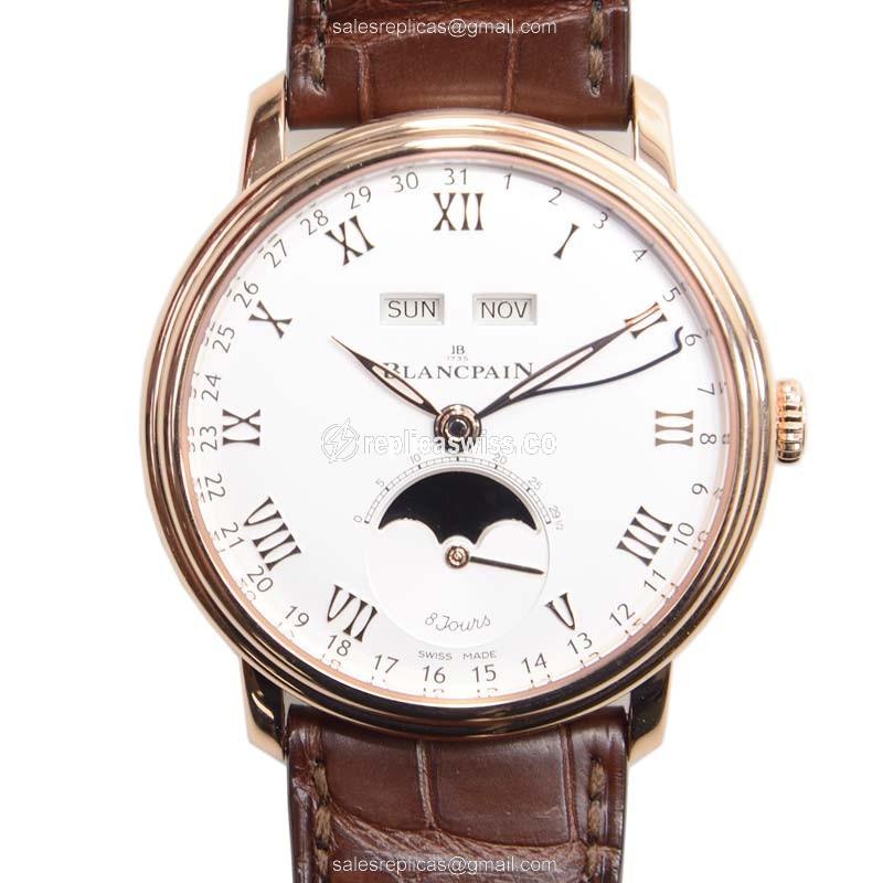 Blancpain Villeret Replica - Automatic 18kt Rose Gold - White Dial, Brown Alligator Strap - Luxury Replica VILLERET Watch