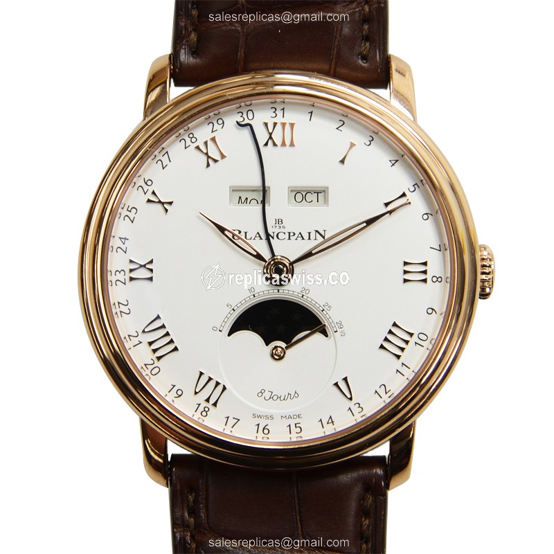 Blancpain Villeret Replica - Automatic 18kt Rose Gold - White Dial - Brown Alligator Strap - Luxury Replica VILLERET Watch