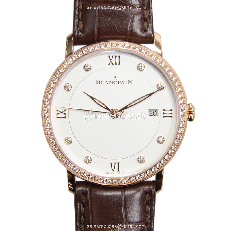 Blancpain Villeret Replica - Automatic - 18kt Rose Gold - Diamond Bezel - White Dial - Brown Alligator Strap - Luxury Replica VILLERET Watch
