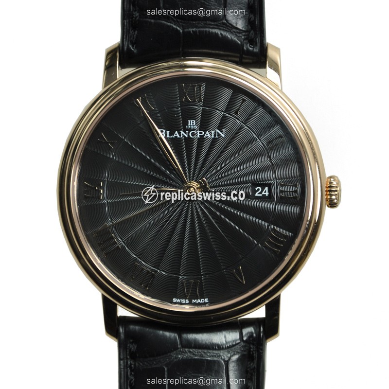 Blancpain Villeret Replica - Automatic - 18kt Rose Gold - Black Dial - Alligator Black