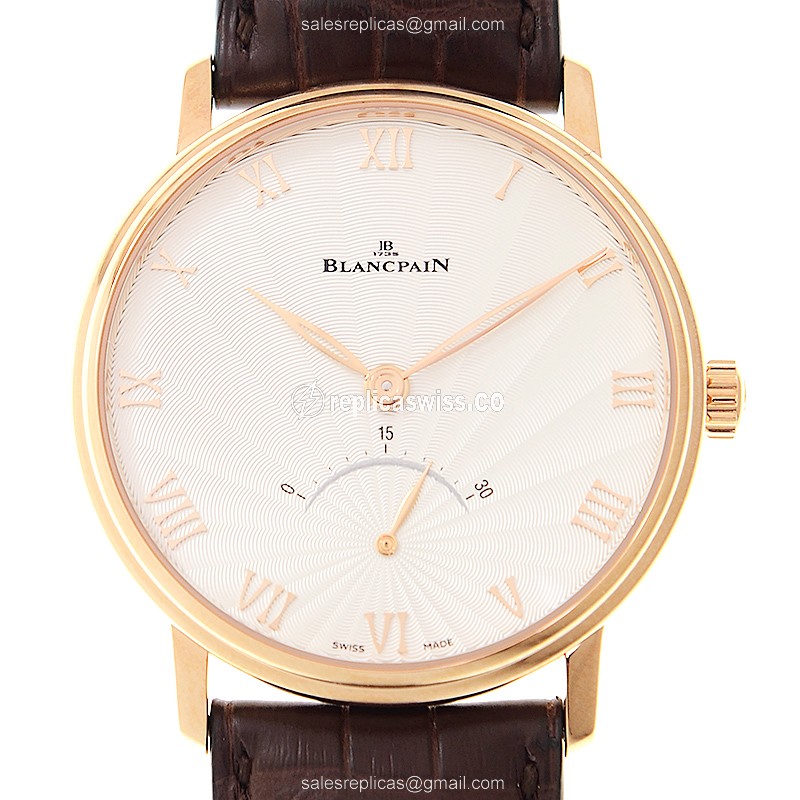 Blancpain Villeret Replica - Automatic 18kt Rose Gold - White Dial - Brown Alligator Buckle - Luxury Replica VILLERET Watch