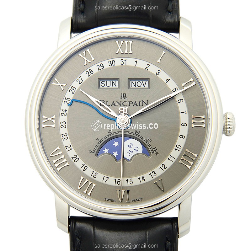 Blancpain Villeret 6654-1113-55B Replica - Automatic - Steel - Gray Dial - Black Alligator Strap - Luxury Replica VILLERET Watch