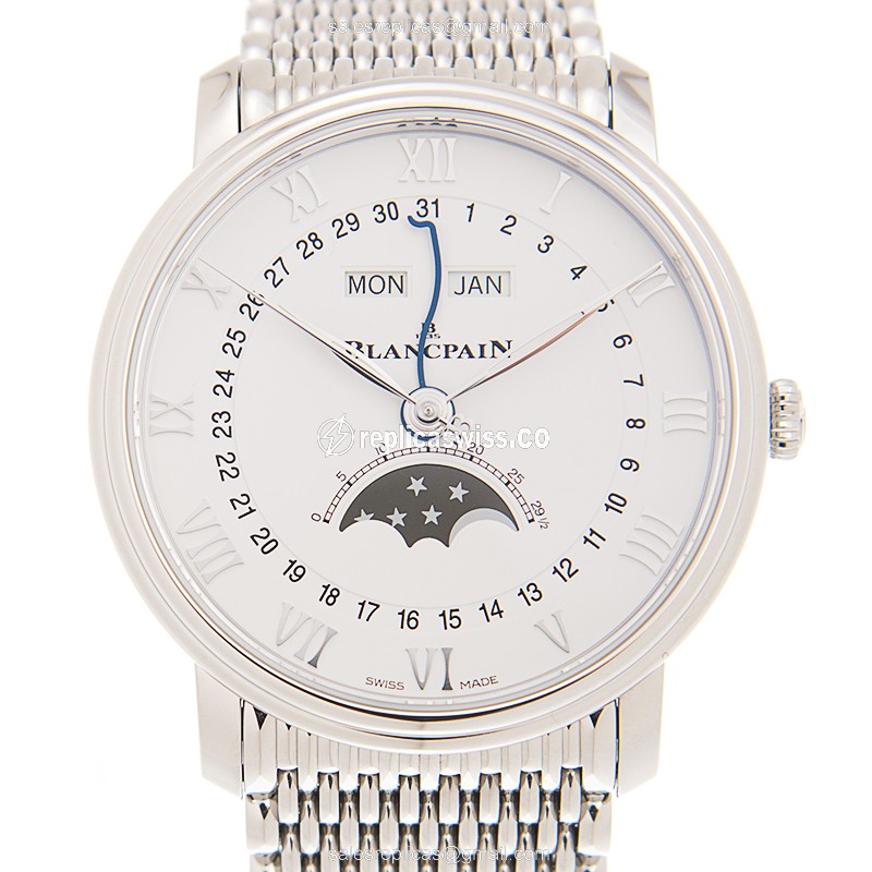 Blancpain Villeret Automatic Replica - Steel Case - White Dial - Silver Steel Strap