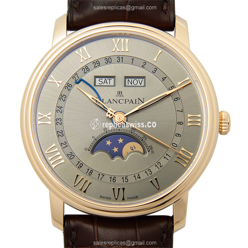 Blancpain Villeret Replica - Automatic - 18kt Rose Gold - Gold Dial - Brown Alligator Strap
