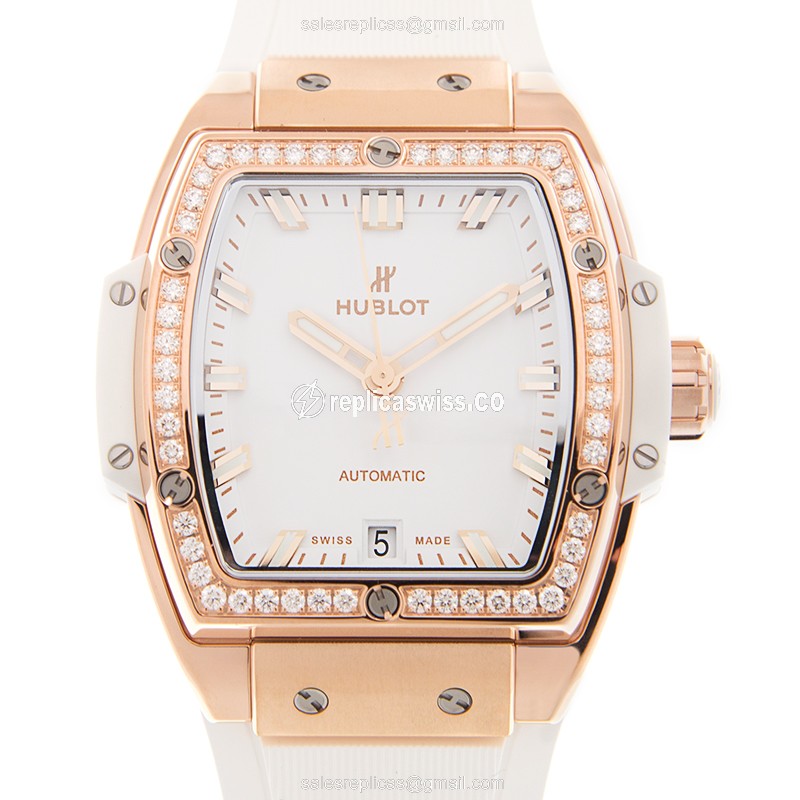 Hublot Spirit of Big Bang Replica - Automatic - 18kt Rose Gold - Diamonds - White Dial - Rubber Strap