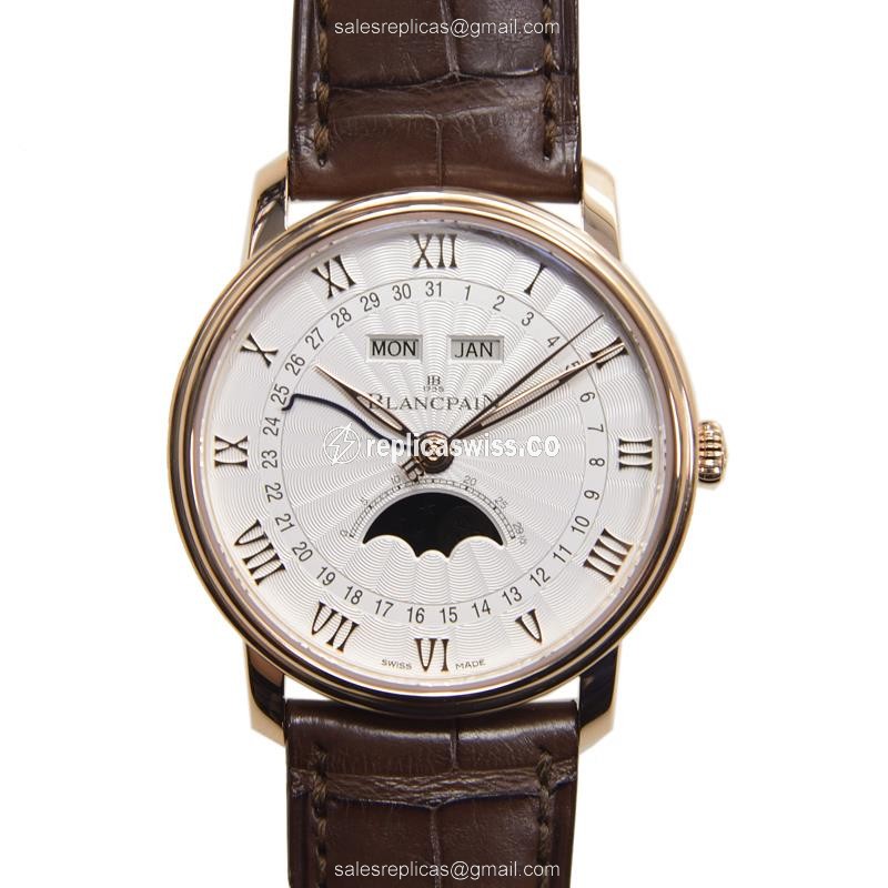 Blancpain Villeret 6664-3642-55B Replica - Auto - 18kt Rose Gold - White Dial - Brown Alligator Strap - Luxury Replica VILLERET Watch