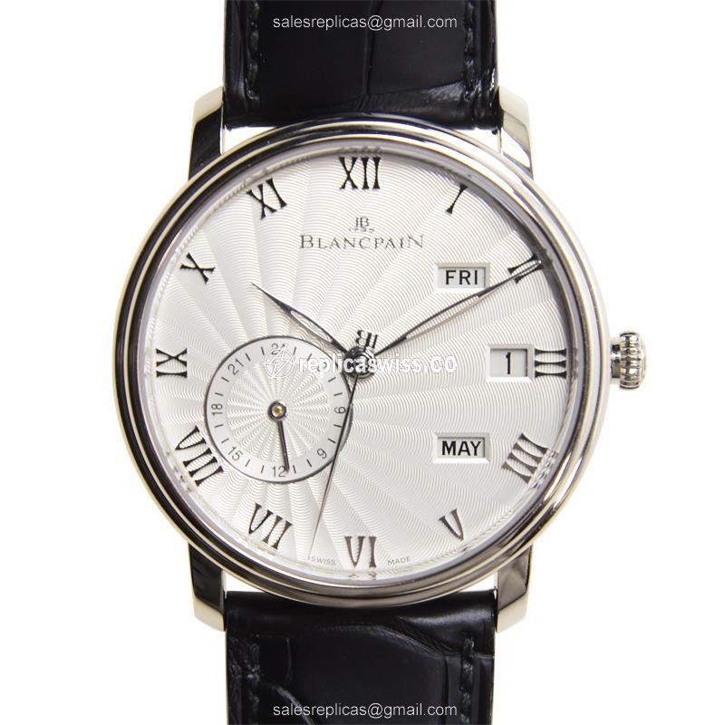 Blancpain Villeret 6670-1542-55B Replica - Automatic 18kt White Gold - White Dial - Black Alligator Strap - Luxury Replica VILLERET Watch