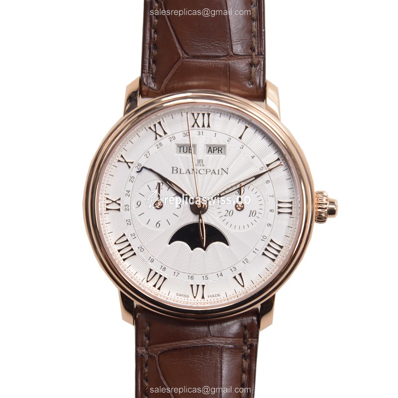 Blancpain Villeret 6685-3642-55B Replica - Auto 18kt Rose Gold - White Dial, Brown Alligator Strap