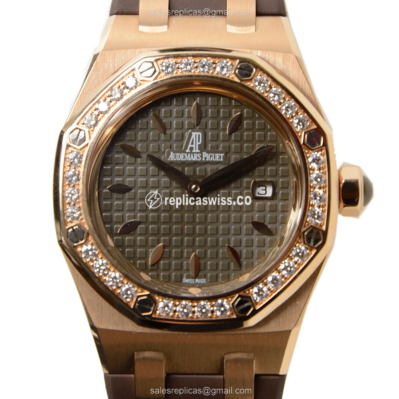 Audemars Piguet Royal Oak Quartz 18kt Rose Gold - Diamond Dial - Dark Grey - Brown Rubber Strap