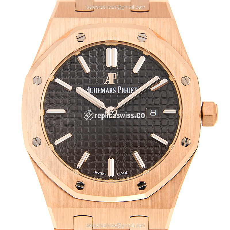 Audemars Piguet Royal Oak Quartz 18kt Rose Gold - Automatic - Dark Grey Dial - Gold Strap