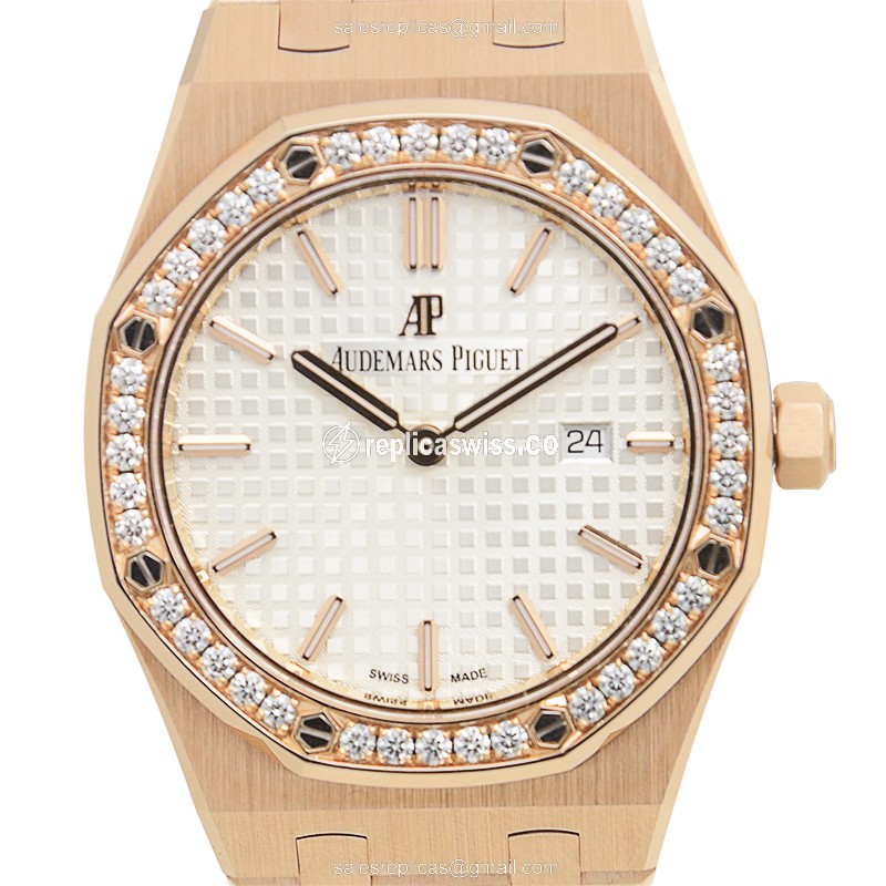 Audemars Piguet Royal Oak Quartz Replica - 18kt Rose Gold - Diamond Dial - White - Gold Clasp