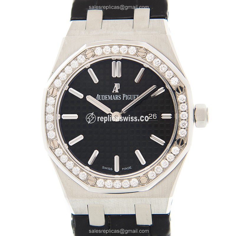 Audemars Piguet Royal Oak Quartz - Stainless Steel Case - Black Dial - Diamond Accents - Alligator Strap
