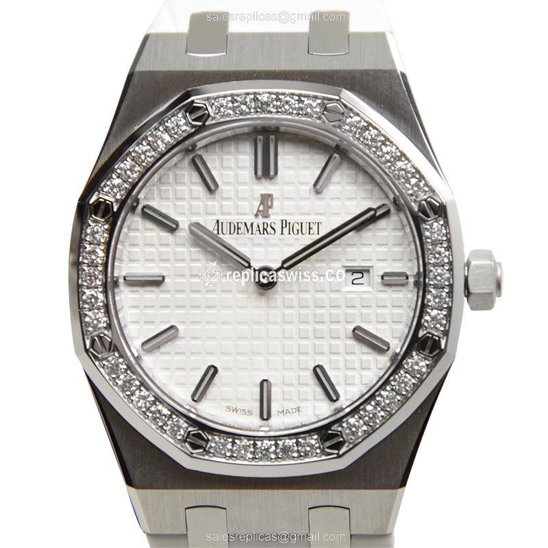 Audemars Piguet Royal Oak Quartz - White Dial - Diamonds - Alligator White Strap