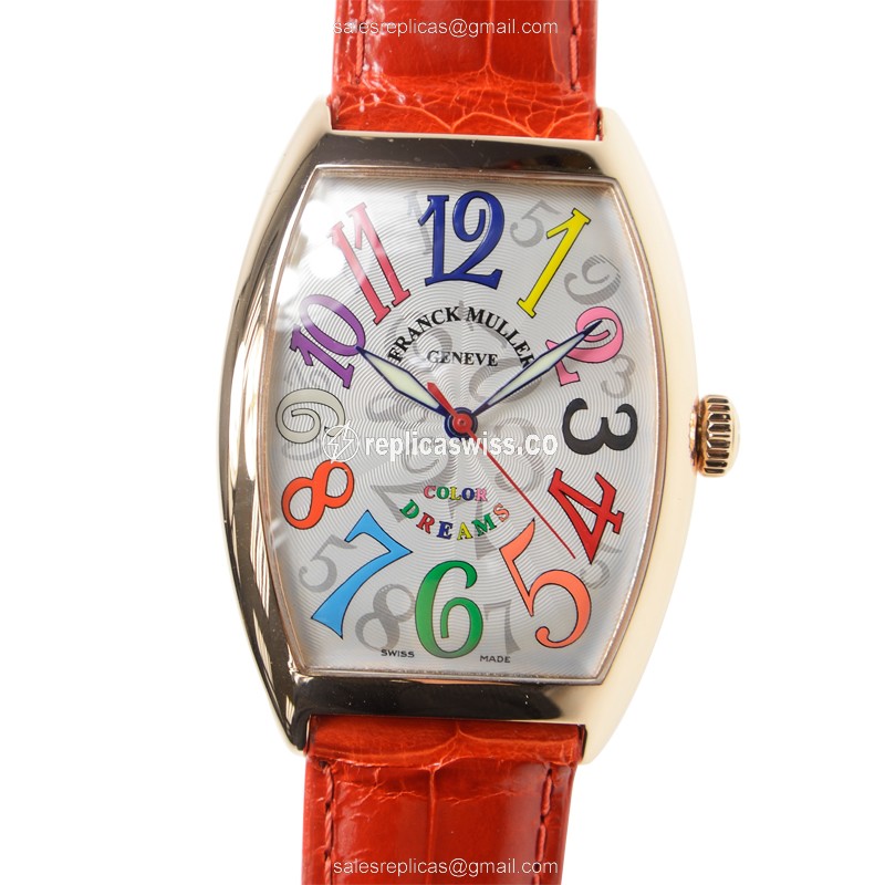 Franck Muller 6850B Replica - Automatic 18kt Rose Gold - Silver Dial - Orange Alligator Buckle