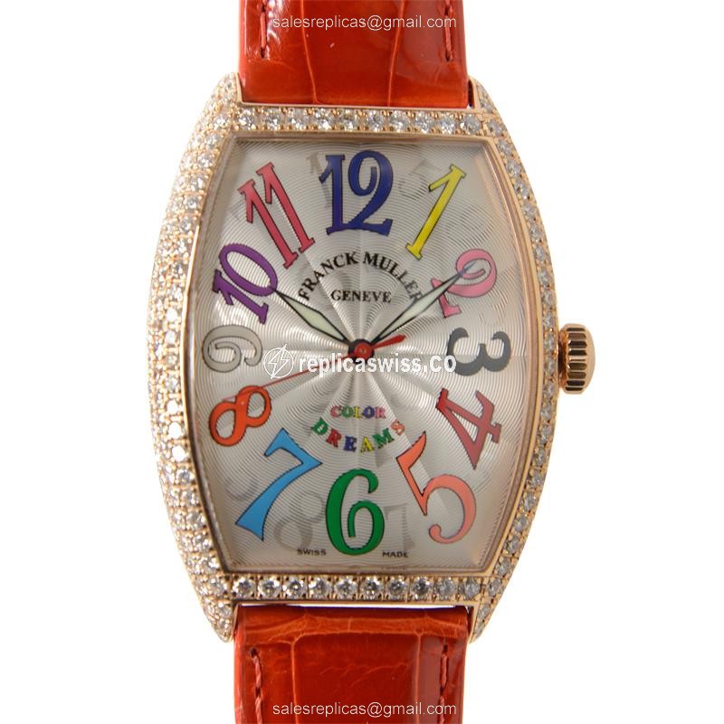 Franck Muller 6850 SC COL DRM D 5N Curvex Automatic - Rose Gold Case, Diamond Dial, Silver - Orange Alligator Strap
