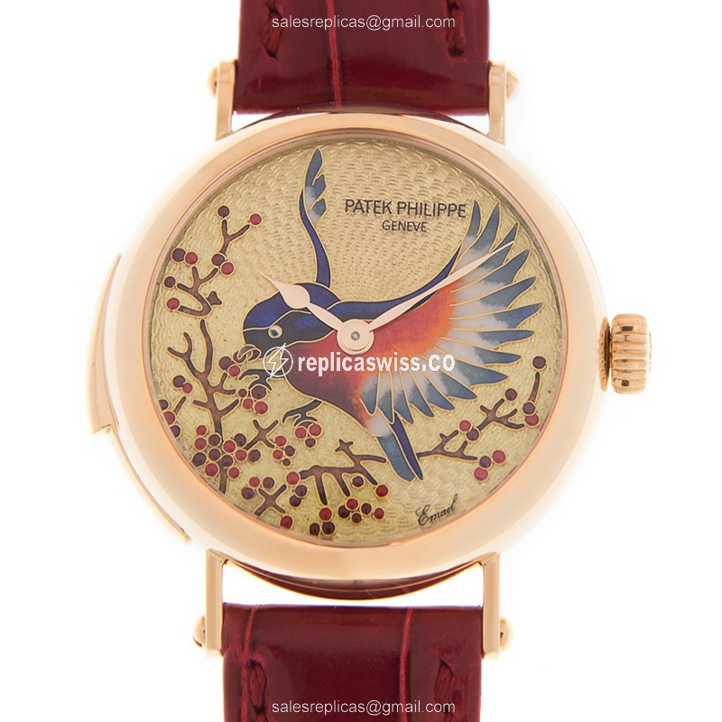 Patek Philippe 7000/50R-001 RARE HANDCRAFTS - Auto 18kt Rose Gold Case - Gold Dial - Red Alligator Strap - Buckle Clasp
