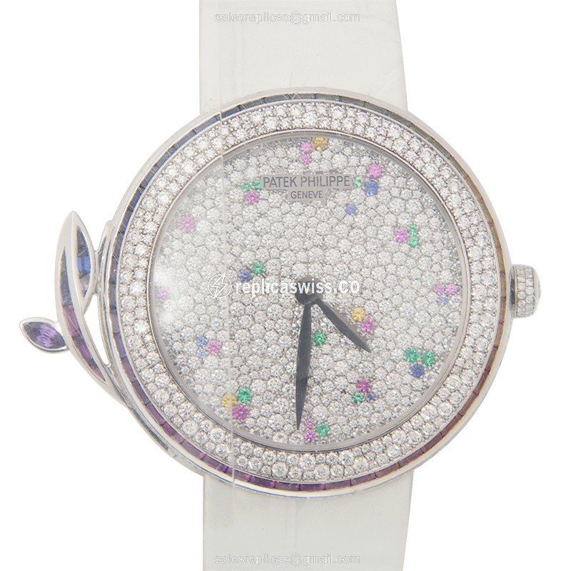 Patek Philippe 7002/450G-013 Replica - Automatic - 18kt White Gold - Diamond Case - White Dial - Alligator Strap