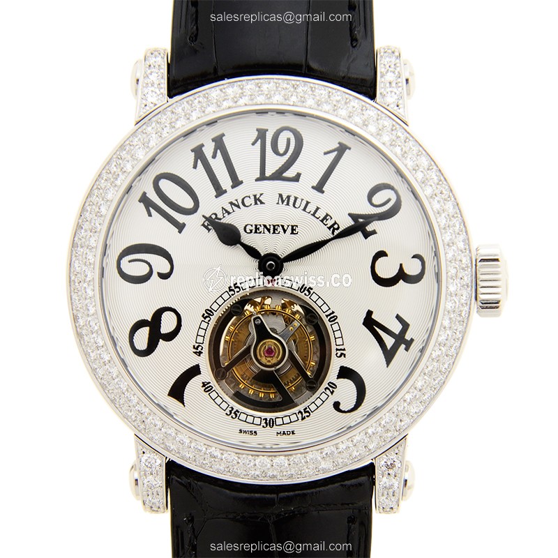 Franck Muller 7008 T D Manual Wind - 18kt White Gold - Diamond - Silver Dial - Leather Strap