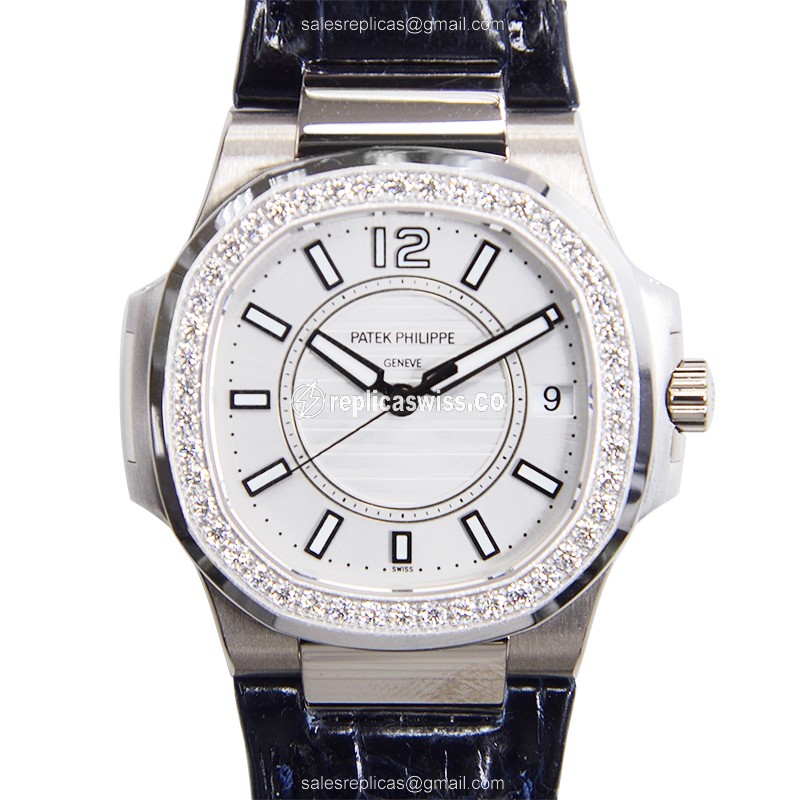 Patek Philippe 7010G-001 Replica - Quartz - White Gold - Diamond Dial - Silver - Alligator Blue - Luxury Replica NAUTILUS Watch