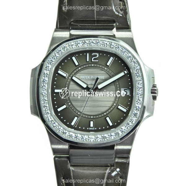 Patek Philippe 7010G-010 Replica - Quartz - 18kt White Gold - Diamond - Dark Grey Dial