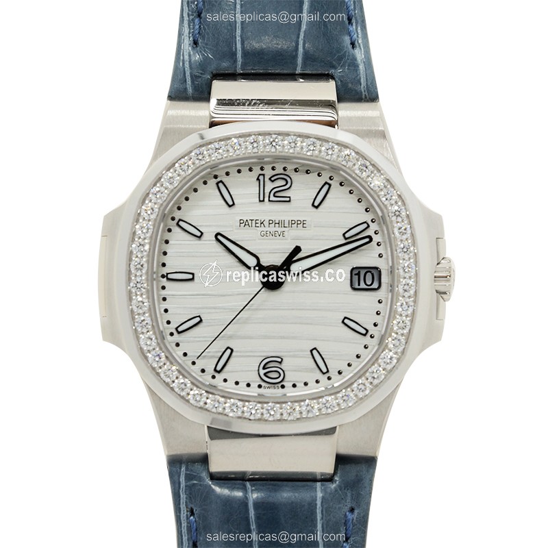 Patek Philippe 7010G-011 Replica - Quartz - White Gold - Diamond - Silver Dial - Blue Alligator Strap - Luxury Replica NAUTILUS Watch