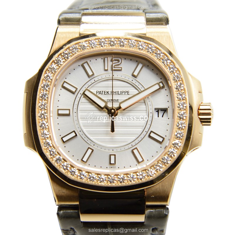 Patek Philippe 7010R-001 Replica - Quartz - 18kt Rose Gold - Diamond - White Dial - Grey Alligator Strap
