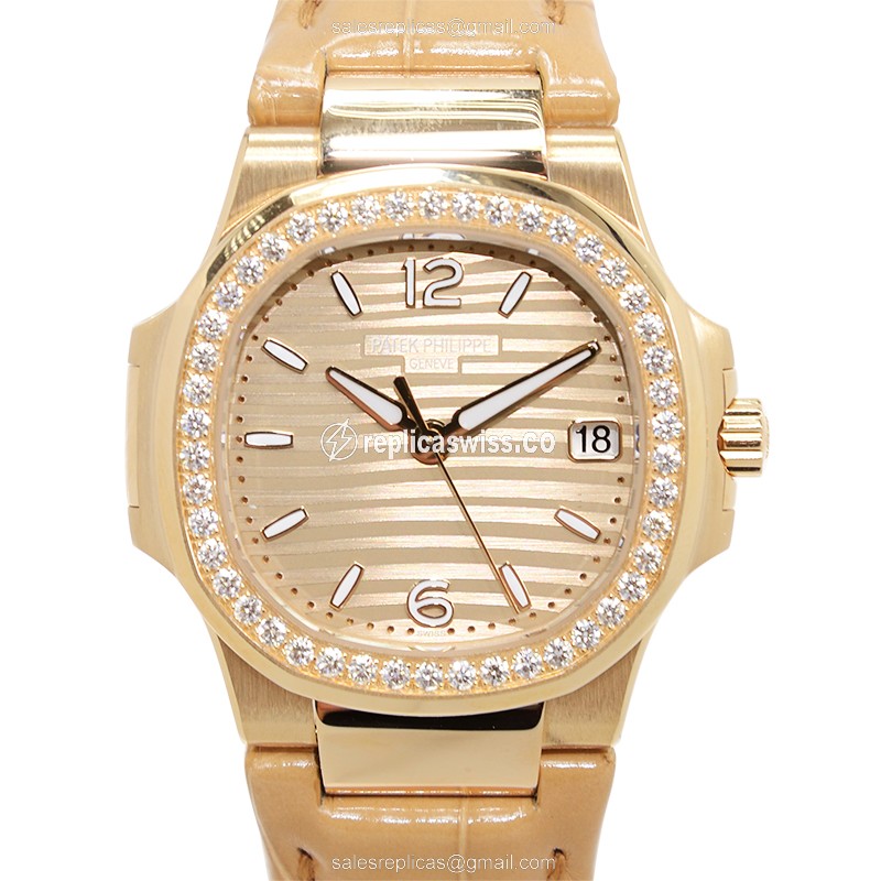 Patek Philippe 7010R-012 NAUTILUS Quartz Rose Gold Diamonds - Automatic - Gold Dial - Brown Alligator Clasp