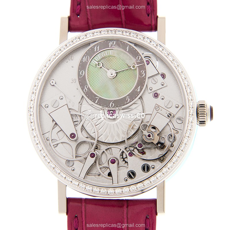 Breguet 7038BB/1T/9V6/D00D Replica - Automatic - White Gold - Diamond Dial - Silver - Red Alligator Buckle