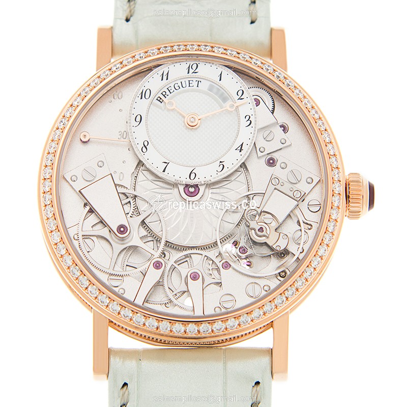 Breguet Tradition Replica - Automatic - 18kt Rose Gold - Diamond Bezel - Silver Dial - Alligator White Strap