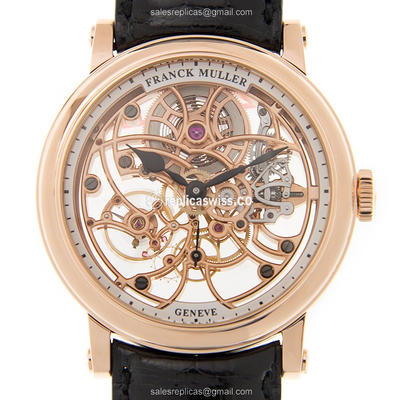 Franck Muller 7042 B S6 SQT Skeleton - Auto 18kt Rose Gold - Skull Dial - Black Alligator Buckle - Luxury Replica 7 DAYS POWER RESERVE SKELETON Watch