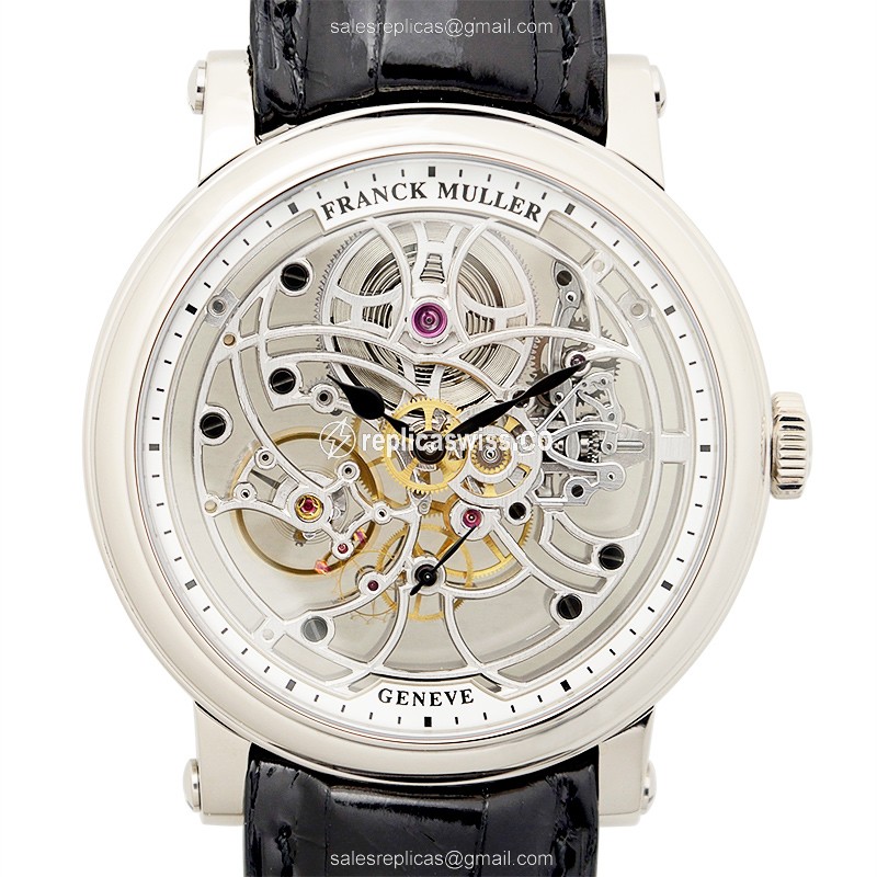 Franck Muller 7045 B S6 SQT OG 7 Days Power Reserve Skeleton Manual - Steel Case, Skull Dial, Leather Strap