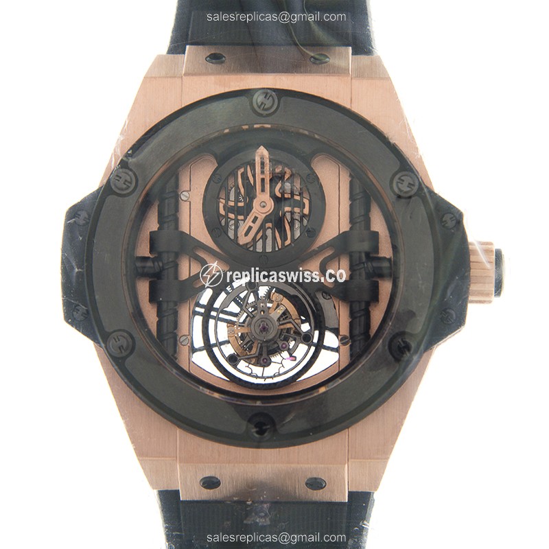 Hublot Replica King Power Unico - Manual Wind - 18kt Rose Gold - Black Dial - Rubber Strap