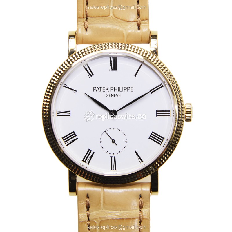 Patek Philippe 7119J-010 Replica - Manual - 18kt Gold - White Dial - Brown Alligator Buckle - Luxury Replica CALATRAVA Watch