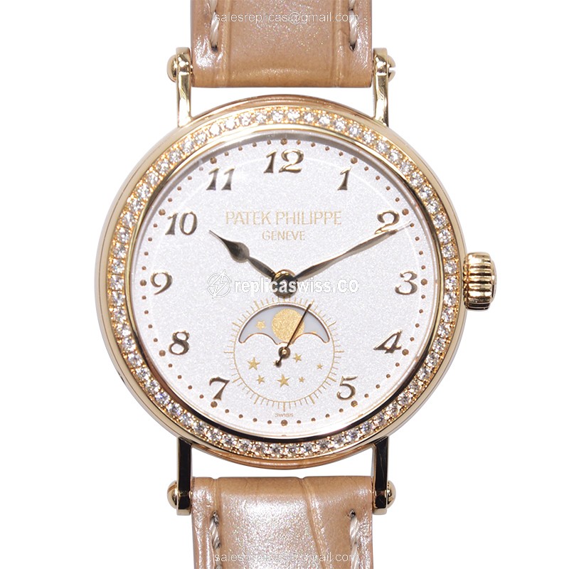Patek Philippe 7121J-001 Complications Manual Wind - 18kt Gold - Diamond Accents - White Dial - Brown Alligator Buckle - Luxury Replica COMPLICATIONS Watch