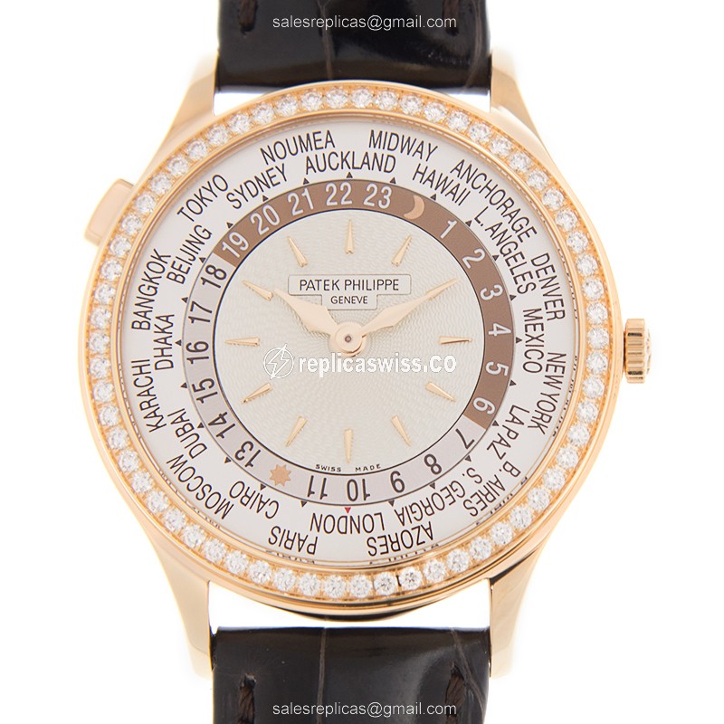 Patek Philippe 7130R-013 Replica - Auto - 18kt Rose Gold - Diamond - White Dial - Brown Leather Buckle