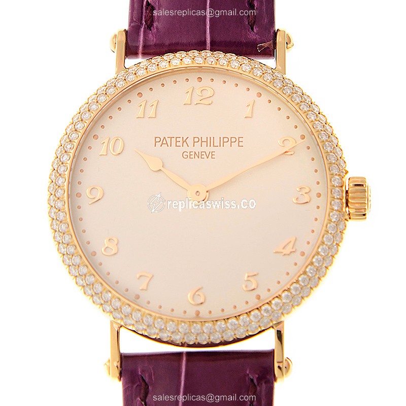 Patek Philippe Calatrava 7200-200R-001 Replica - Automatic 18kt Rose Gold & Diamond Dial - White - Alligator Purple Strap - Luxury Replica CALATRAVA Watch
