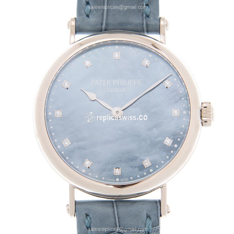 Patek Philippe Calatrava Replica - Automatic - 18kt White Gold - Blue Dial - Black Alligator Strap - Luxury Replica CALATRAVA Watch