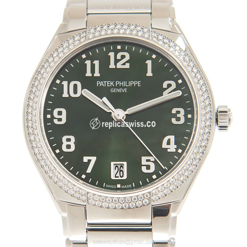 Patek Philippe TWENTY-4 Replica - Automatic - Green Dial - Diamonds - Silver Steel Strap - Luxury Replica TWENTY-4 Watch